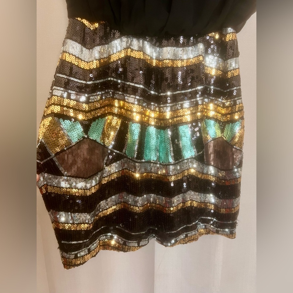 Luxology Sequin Dress Black Gold Sheer Top Size M - Picture 3 of 8